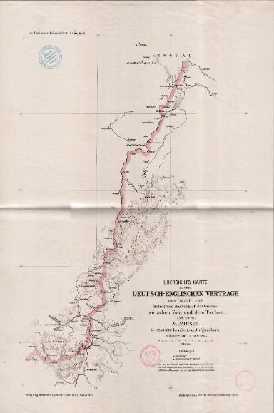 Übersichts-Karte zu dem deutsch-englischen Vertrage vom 16. Juli 1906 Grenze zwischen Yola und dem Tschad, reduziert auf 1:1.000.000
